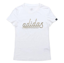 Adidas Women's White/Gold Logo Graphic Cotton Knit Short Sleeve T-Shirt EUC
