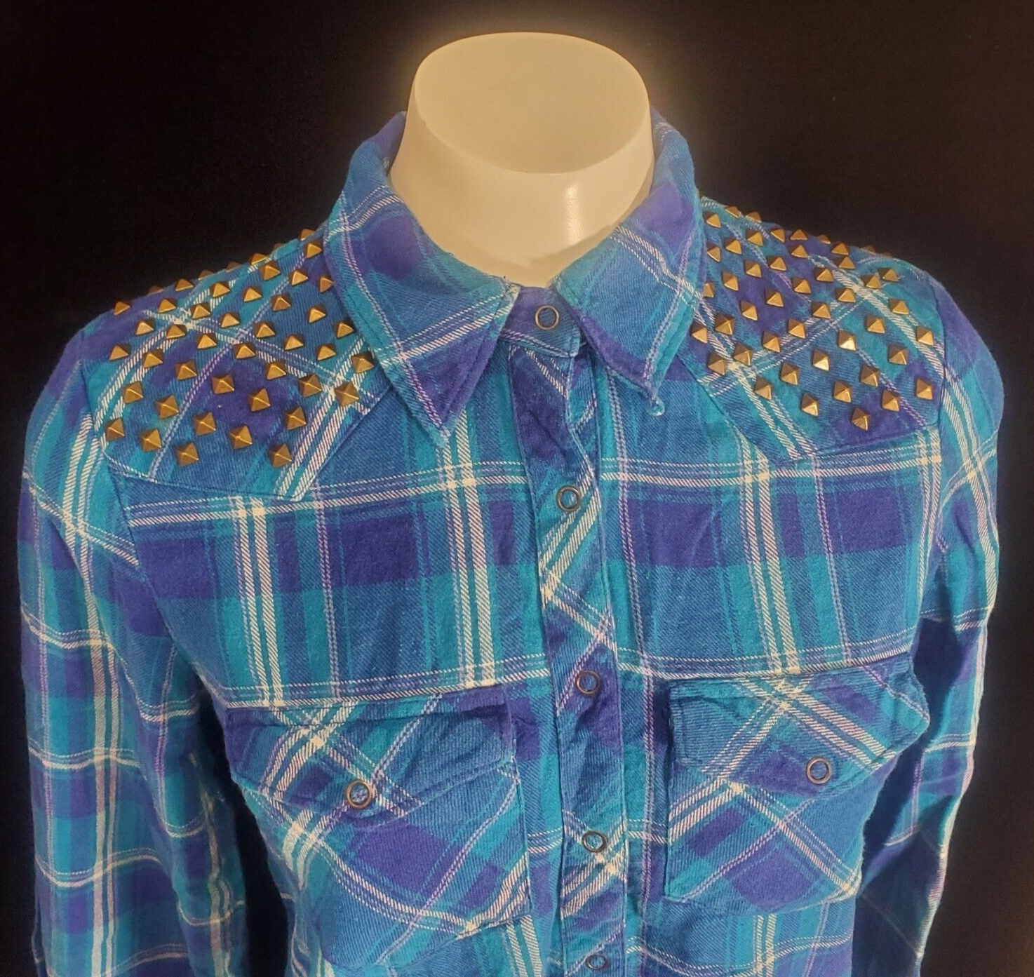 Guess Women's Small Blue Plaid Studded Long Sleeve Flannel Shirt