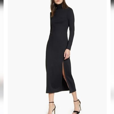 Susana Monaco Long Sleeve Turtleneck Slit Midi Dress black size S