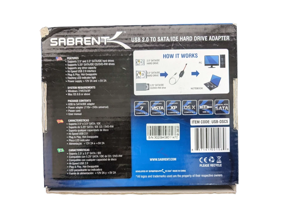Sabrent USB 2.0 to SATA/IDE Hard Drive Adapter - Used/Missing Parts Check pictu - Image 2 of 3