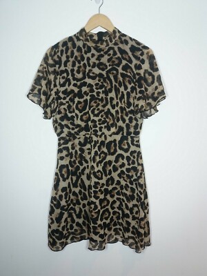 BNWT NEW RED CHILLI DRESS SIZE 12 hi NECK LEOPARD PRINT FRILL SLEEVE SHIFT  QQ37 UK
