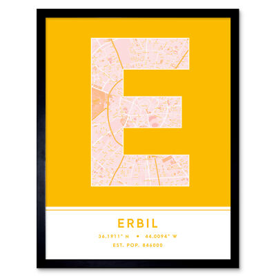 Erbil Irak Stadtplan Typografie gerahmter Wandkunstdruck 12 x 16 Zoll