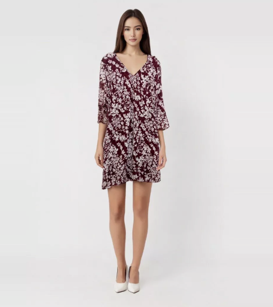 Karl Lagerfeld Carys Floral Ruffle Sleeve Lace Dress Burgundy V Neck Sz 22W  New