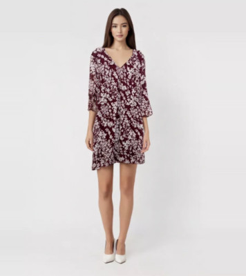 Karl Lagerfeld Carys Floral Ruffle Sleeve Lace Dress Burgundy V Neck Sz 22W New