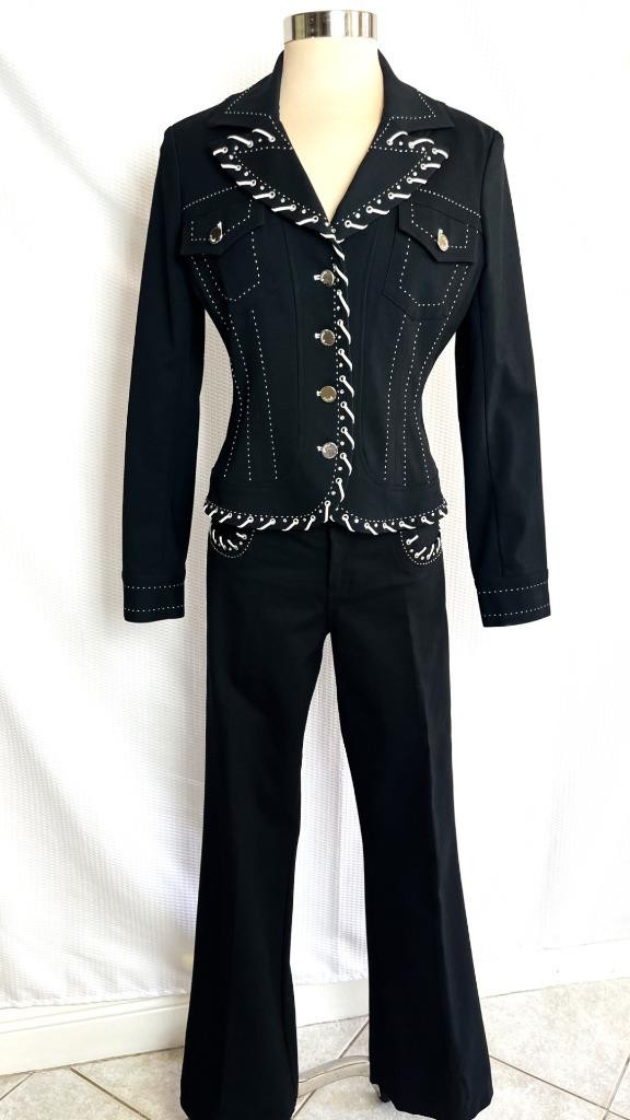 Y2K Luxe CACHE Black Western Theme Faux Leather Stitch Flare Pant