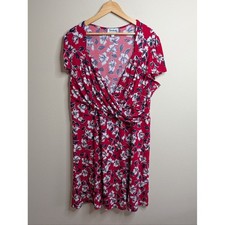 Leota x Dia & Co Floral Wrap Dress 3L Red Navy Faux Wrap Plus Size USA