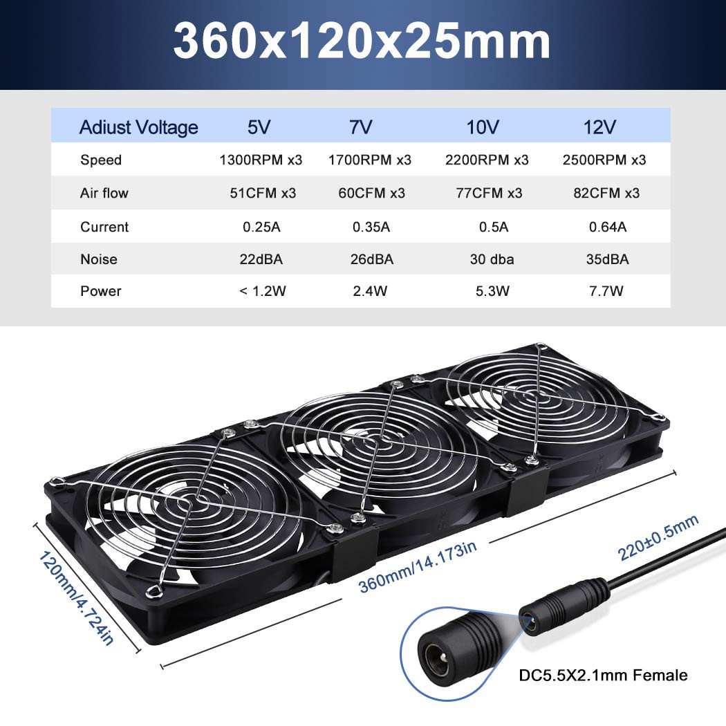 Dual Ball 3 x 120mm Computer Fan with AC Plug DC 12V Big Airflow Fans with 11...