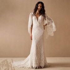 Boho Mermaid Wedding Dresses V-Neck Batwing Sleeves Lace Appliques Bridal Gowns