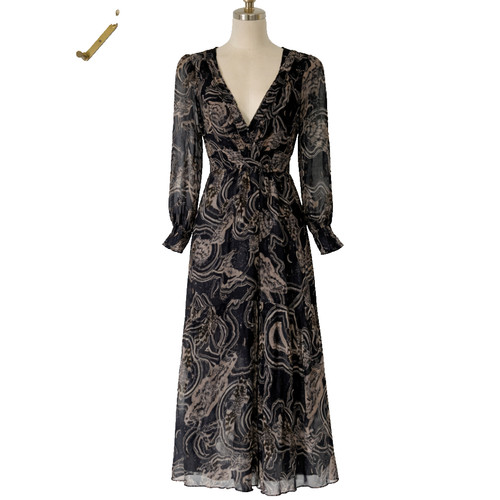 Anthropologie Printer Johnson Long-Sleeve V-Neck Textured Midi Dress Size XS *