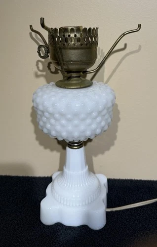 Vintage Milk Glass Hobnail Nightstand Lamp - 11.5” Tall - Works