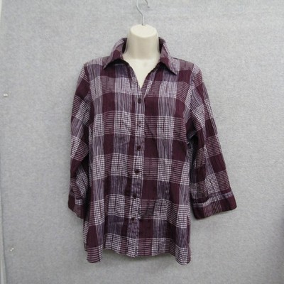 Croft and Barrow Womens Top Button Up Shirt Blouse XL Blue 3/4 Sleeve Plaid