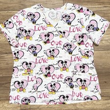 Disney Mickey  Minnie Mouse Love Heart Print Graphic Scrub Top Shirt Womens XL