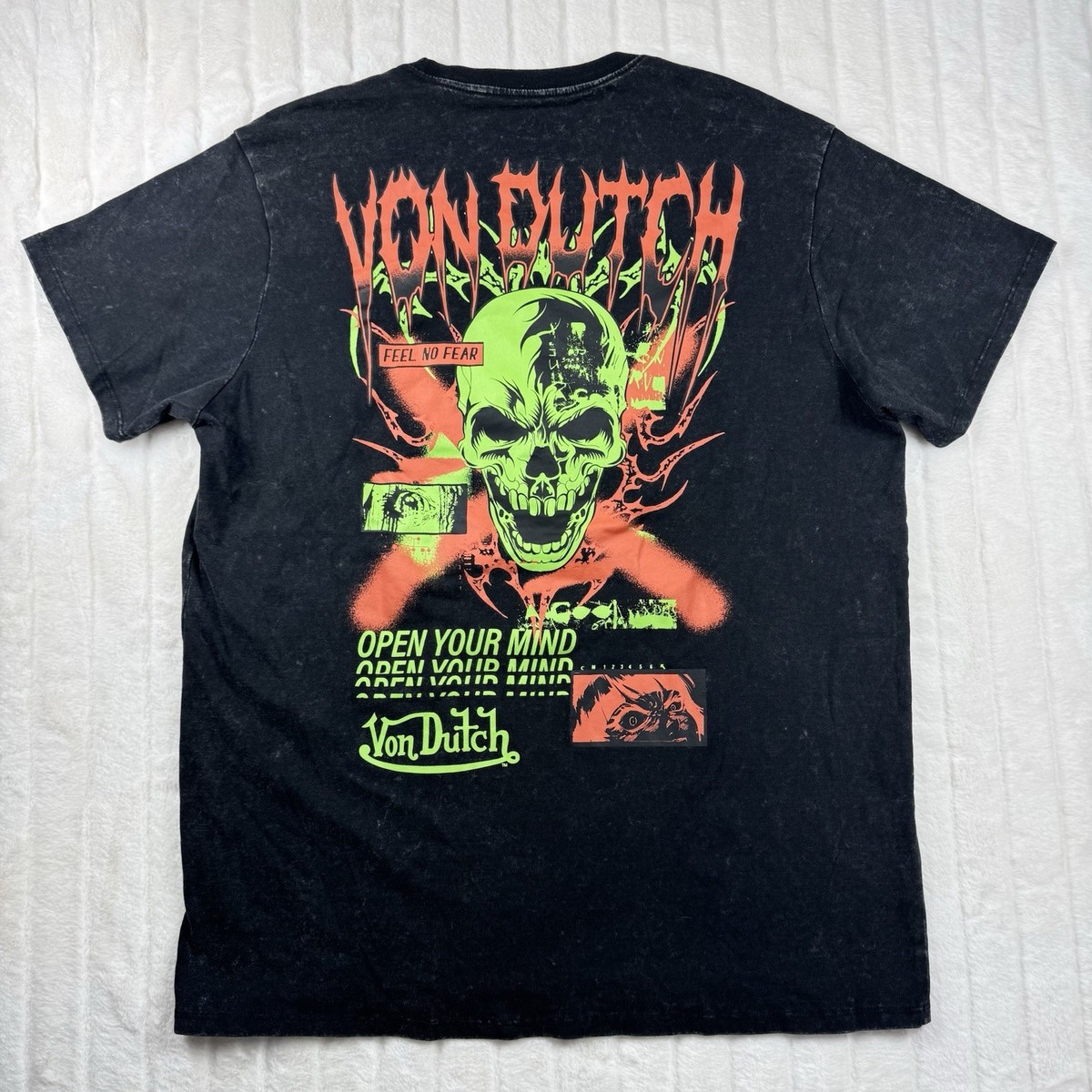 Von Dutch T-Shirt Men's XL Black Feel No Fear Skull Graphic Double