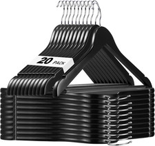 Black Wooden Hangers 20 Pack, Solid Wood Hanger with Non Slip Pant Bar, Heavy Du