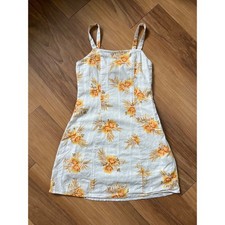 MINKPINK Floral Swiss Dot Mini Dress Orange Yellow White Smocked Back Size S