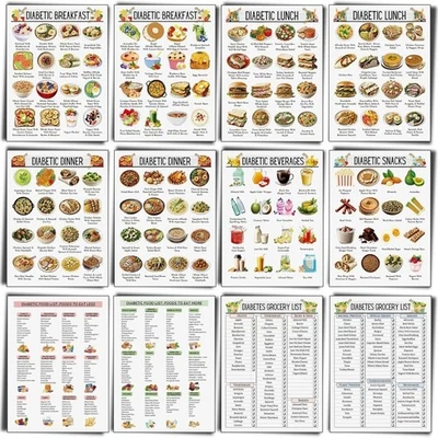 12pcs Diabetes Food List Healthy Meal Guide Chart Information Diet Plan Low Carb