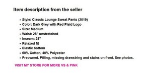 Victoria's Secret VS PINK Lounge Sweat Pants Grey Plaid Logo Medium M