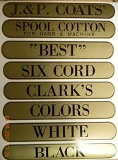 J & P COATS SPOOL CABINET DECAL SET 8 PIECE SET / Black on Gold 9 1/2 X 1 11/16