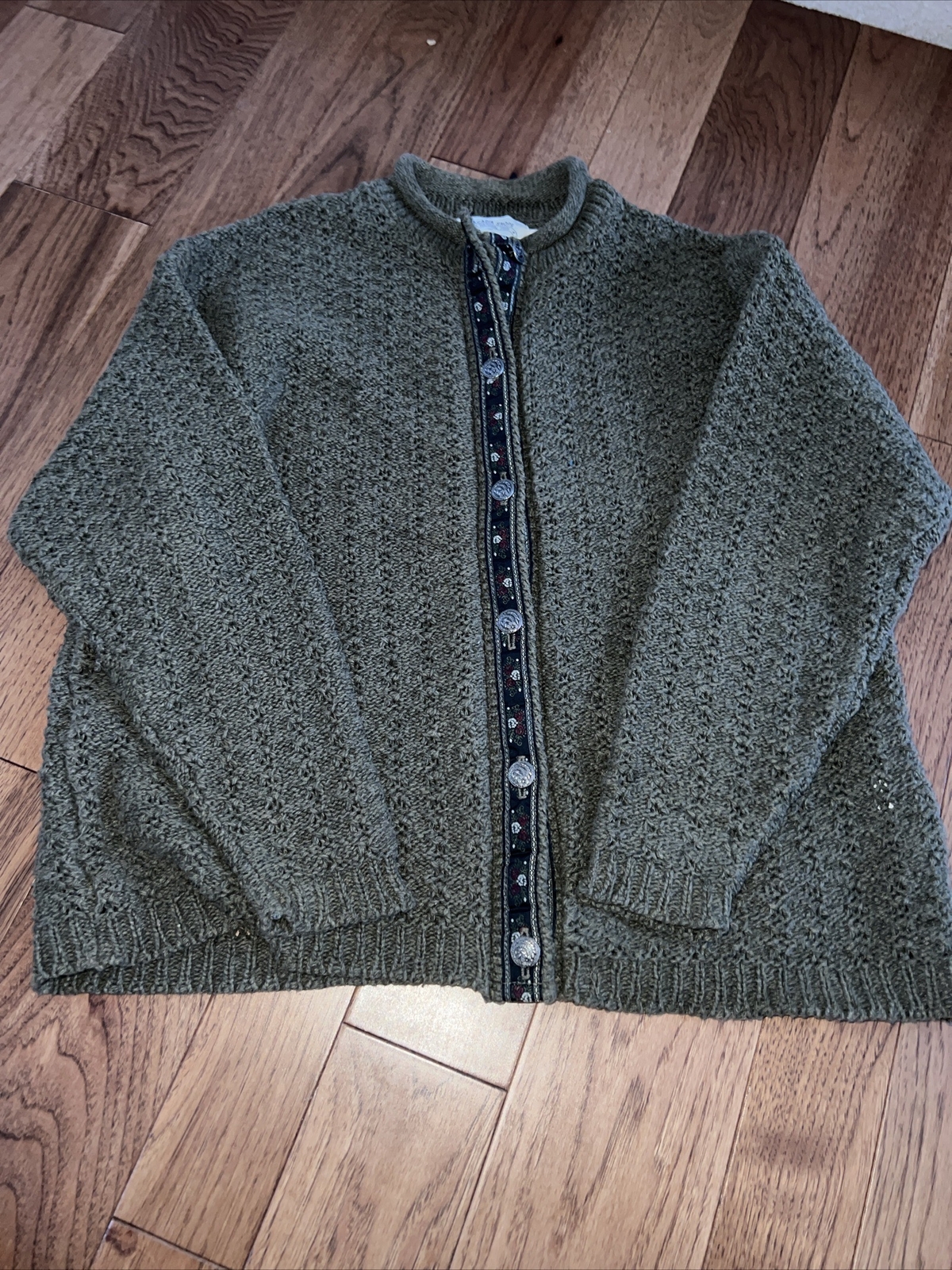 Green Grandmacore Cardigan Button Down Vintage Crochet Cottagecore Maine  L Y2K