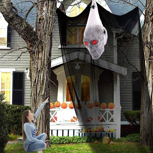 Halloween Animated Hanging Skulls Head Covered with Spider Webs GN - Picture 15 of 16