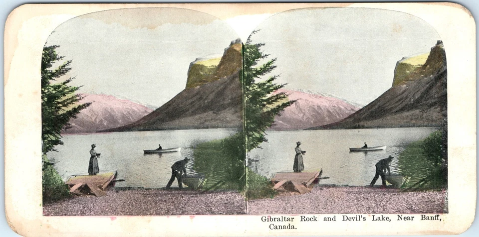 c1900s Banff, Canada Stereo Card Gibraltar Rock Devil's Lake Victorian Woman V11 - Image 2 of 3