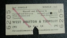 Railway Ticket. BR (W) Hanwell & E to West Drayton & Y. 2nd Class Single 1965
