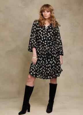 TOGETHER Jacquard-Stufenkleid schwarz/gold Sterne Übergröße UK 26 (FM168-3)
