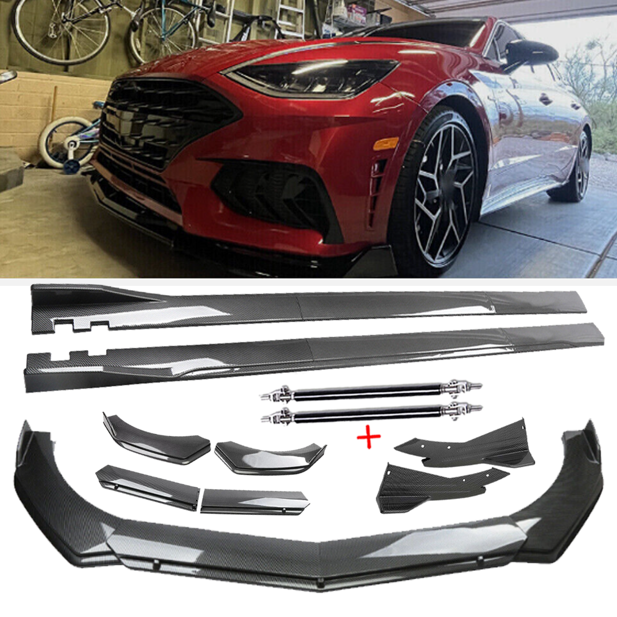 Carbon Fiber Front Bumper Lip & Side Skirt Set for Hyundai Sonata