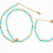 BUNDLE Turquoise Beaded Necklace Bracelet Set Waterproof Gold