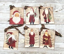 6-Christmas-Primitive-Farmhouse-Holiday-Santa-Linen Cardstock-Gift-Hang-Tags