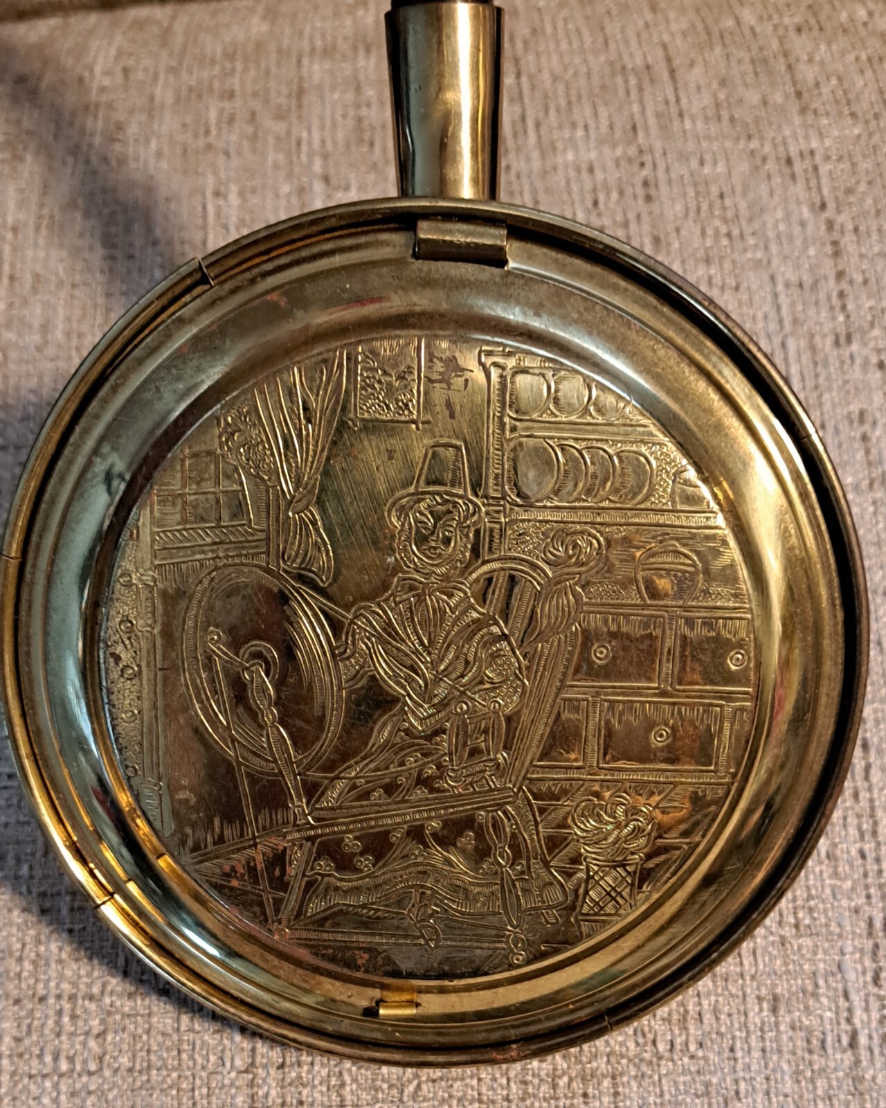 ANTIQUE Victorian Engraved Brass Bed pan Warmer 15 " H. Made In England