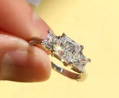 Three Stone Ring 3Ct Princess Cut Lab Created Diamond 14K White Gold Plated