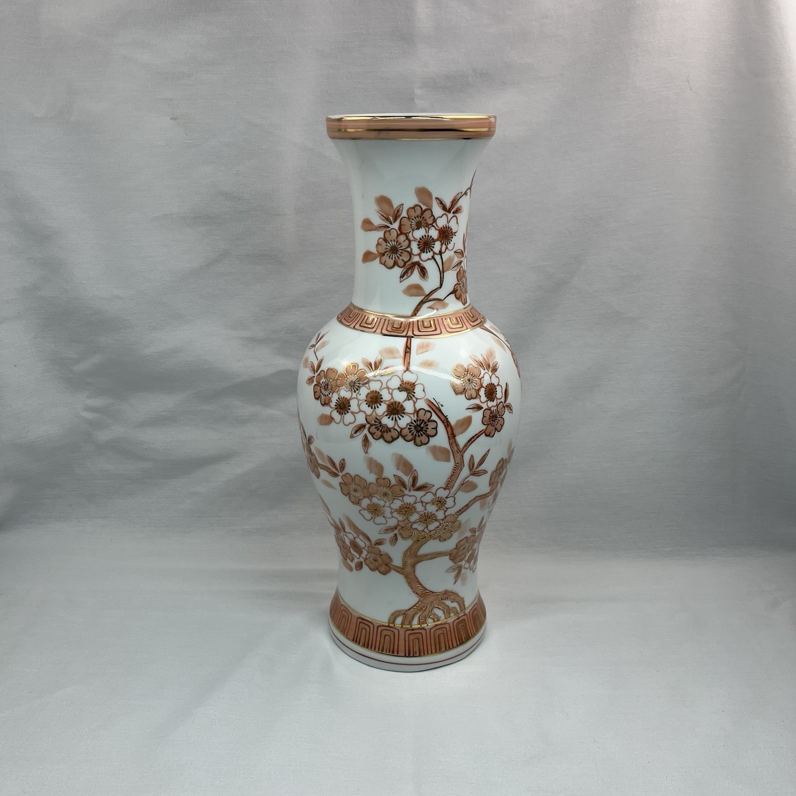 Norleans Japan Orange / Pink Flowers Vase Ming Tree 14” Gold Trim Vintage