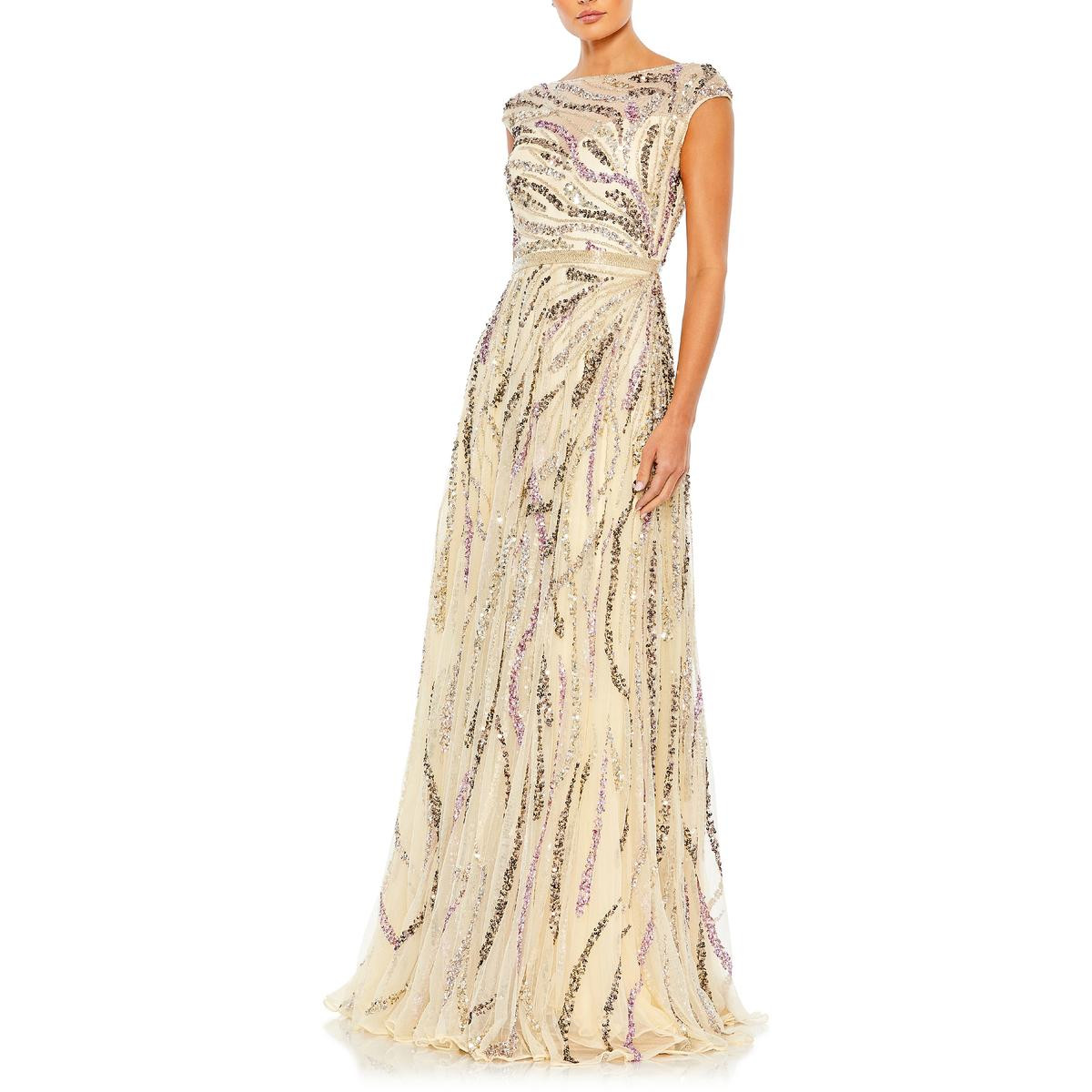 Женское бежевое макси-вечернее платье Mac Duggal с блестками, 12 BHFO 3493