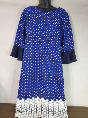 ILE New York Dress Women's 14 Half Sleeve Midi Blue Polka Dot Fall Spring Casual