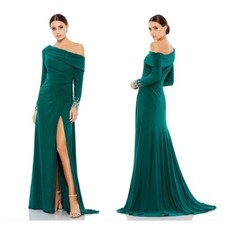 MAC DUGGAL 12231 Emerald Green Beaded Cuff Drop Shoulder Faux Wrap Gown Size 2