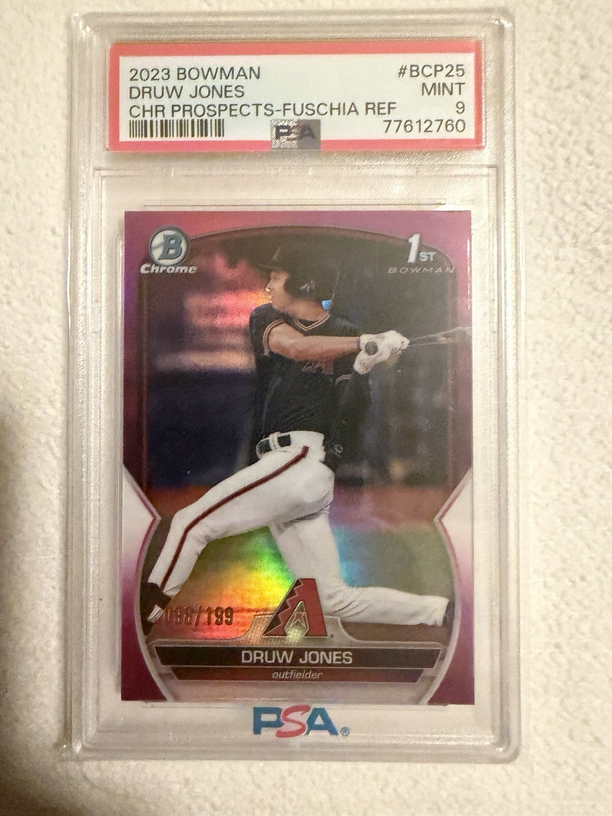 2023 Bowman Chrome Druw Jones #135/199 FUCHSIA REFRACTOR #BCP25 PSA 9