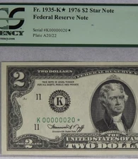 PCGS 63  $2 BILL 1976 SUPER 《 LOW BINARY  STAR NOTE NUMBER K00000020* 》🔝 RARE ！