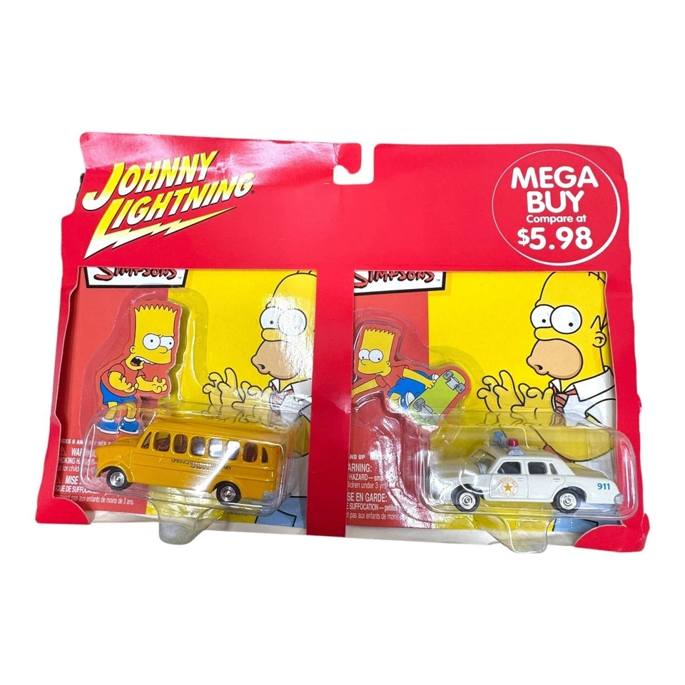 The Simpsons Johnny Lightning Diecast Car Set Springfield Police Car School Bus - Image 2 of 4