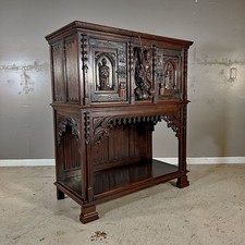 French Antique Gothic Oak Cabinet on Stand w/...
