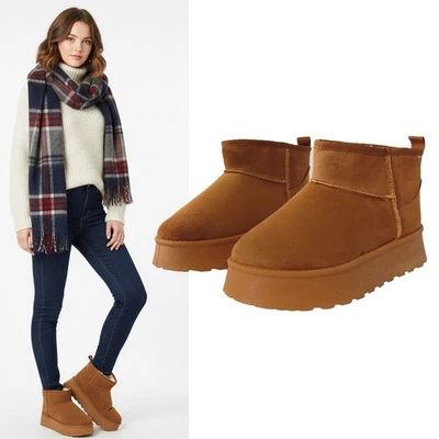 ITS NICE Ladies Ankle Boots Womens Platform Faux Fur Lined Brown Winter Snug Booties Size