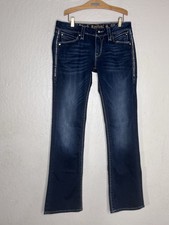 Rock Revival Leah Blue Stretch Thick Stitch Flap Pocket Bootcut Jeans Womens 30