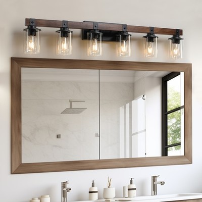 42'' Wood Vanity Light Vintage 6 Lights Bathroom Mirror Wall Sconce Fixture Black