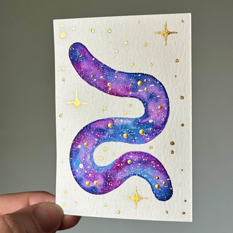 ACEO Original Watercolor Painting 3.5 X 2.5 Sour Galaxy Gummy Worm Anomelina