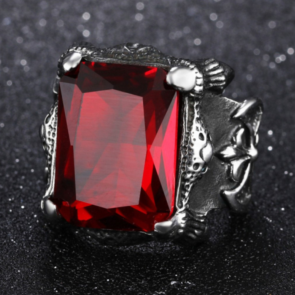 Men Vintage Heavy Duty Big Red Stone Ring Square Shape Ring 925 Silver  Plated