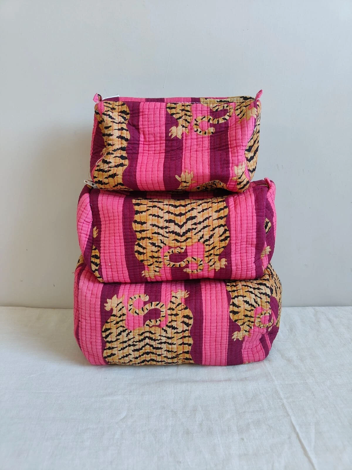 Set Of 3 Cotton Quilted Makeup Bag & Organizer, Cotton Toiletry Case, Makeup Bag