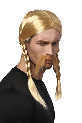 Perücke Bart Herren Karneval Halloween Blond Gallier Germane Barbar Zöpfe Viking