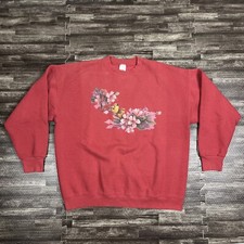 Vintage Garden Bird Nature Crewneck Sweatshirt Red XL VTG 90s Cute Fall Spring