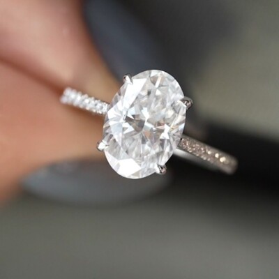 2.88 TCW Oval Cut Moissanite 4 Claws Engagement Ring 14K White Gold Plated