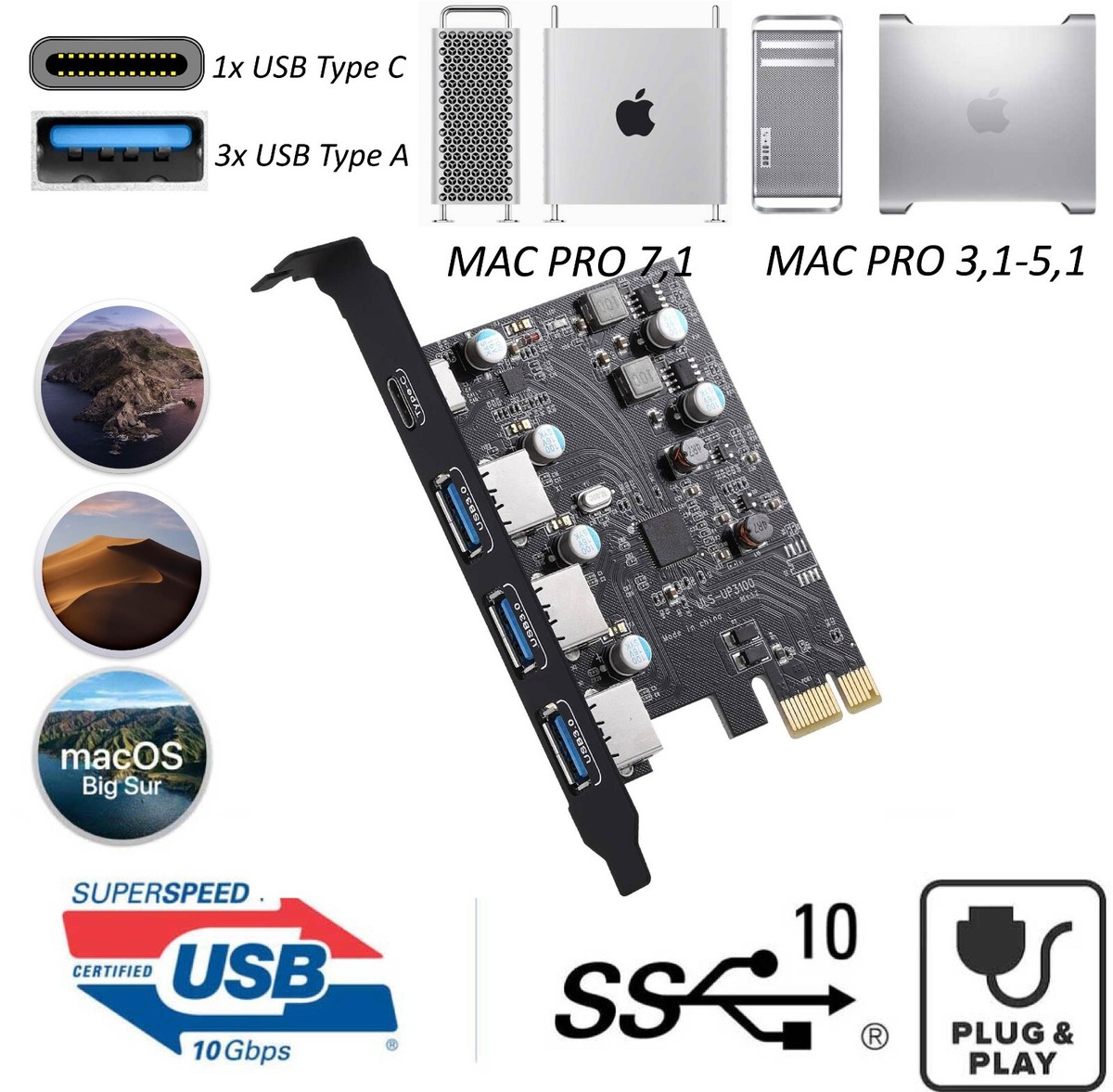 USB Type-A Type C MAC PRO PCIe Card Plug and Play